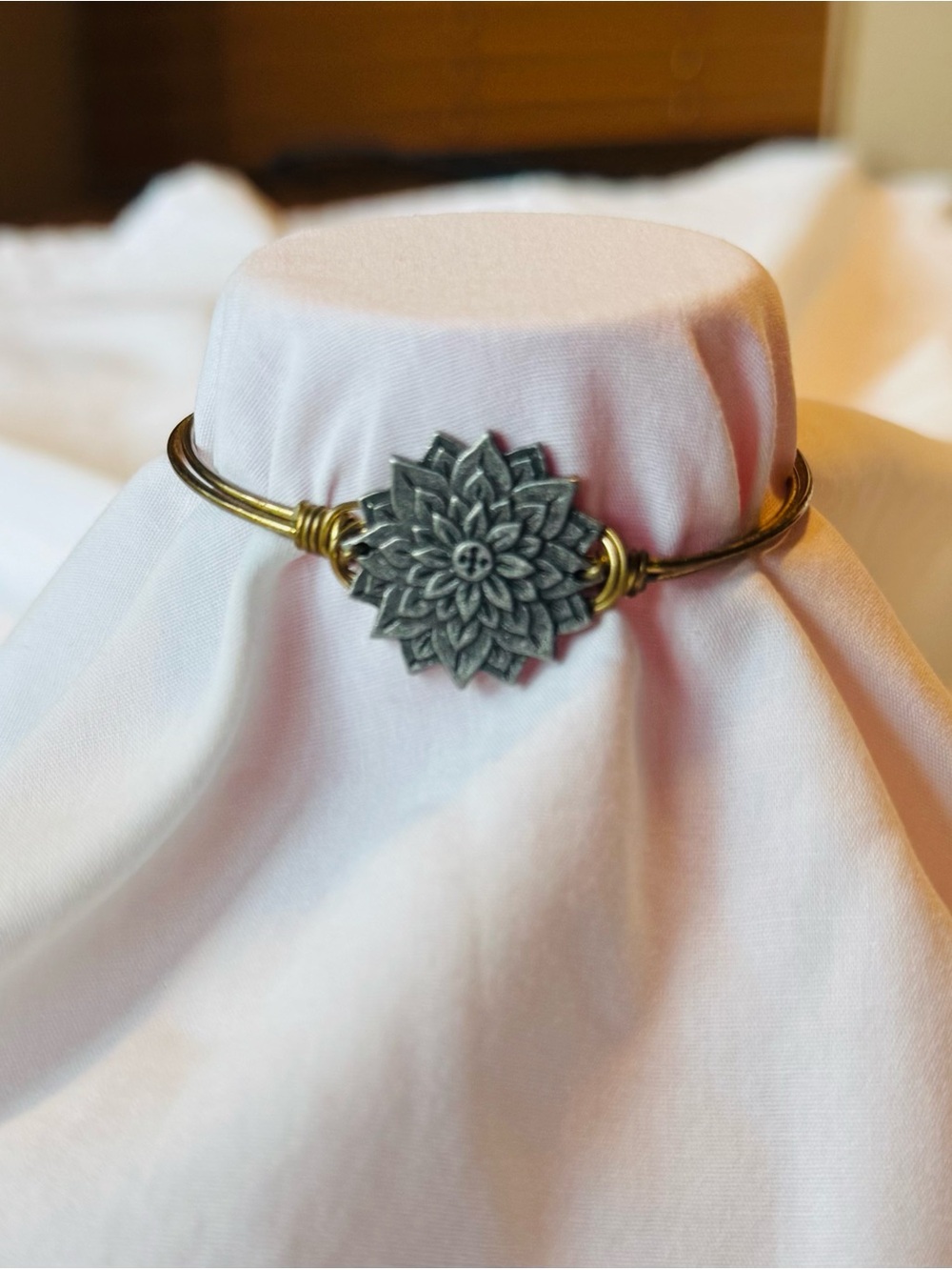 Floral Mandala Bangle Bracelet in Antique Gold and Gunmetal